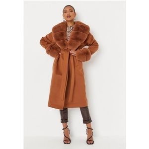 Missguided Camel Faux Fur Belted Coat - NWT